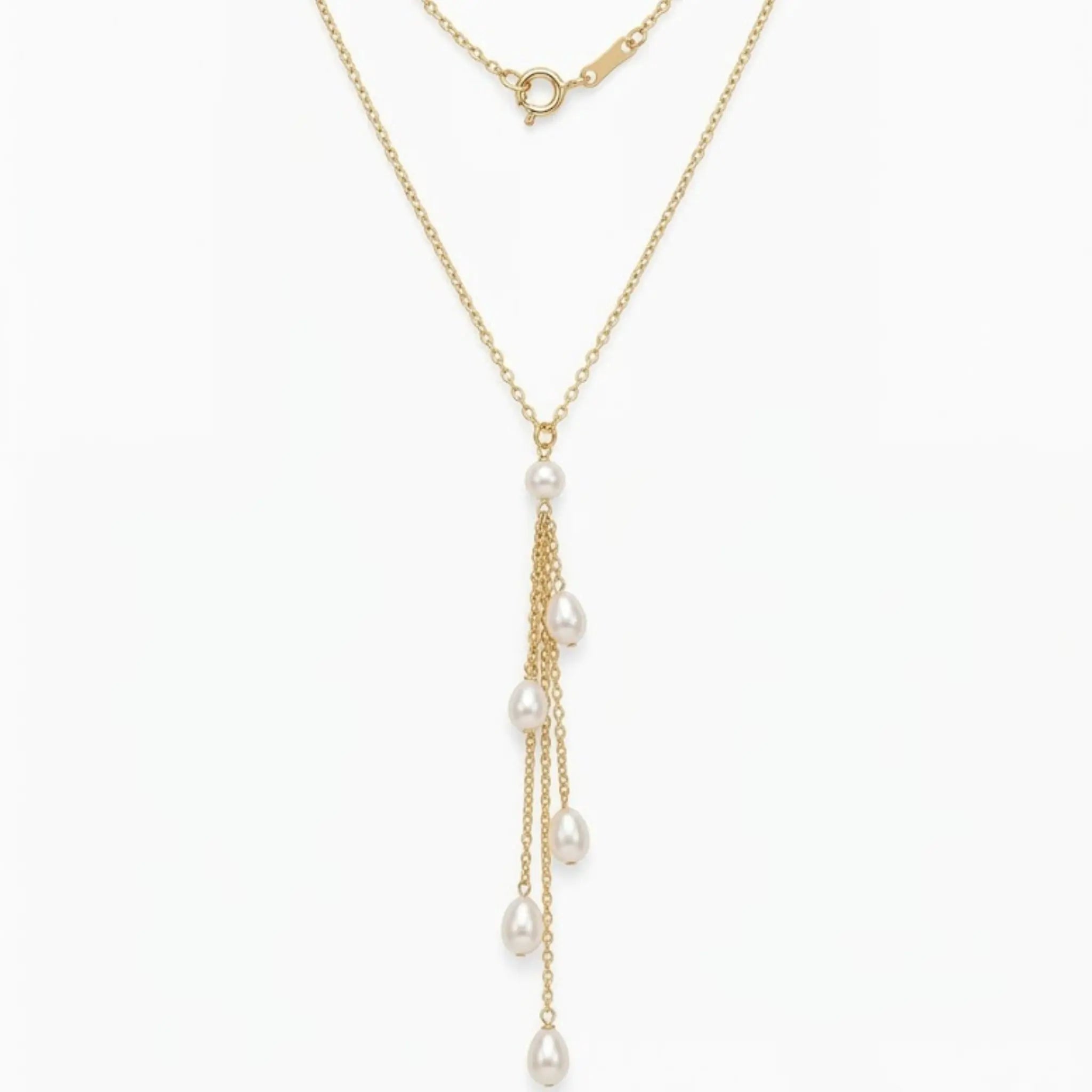 18K Gold Pearl Y-Necklace Minimalist Multi-Stone Lariat Drop Necklace, Freshwater Pearl Tassel Bridal Wedding Jewelry