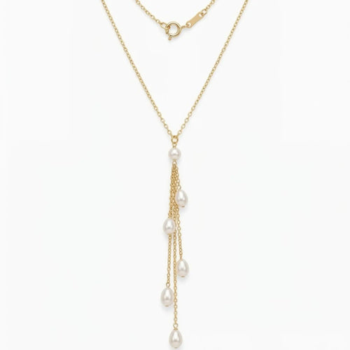 18K Gold Pearl Y-Necklace Minimalist Multi-Stone Lariat Drop Necklace, Freshwater Pearl Tassel Bridal Wedding Jewelry