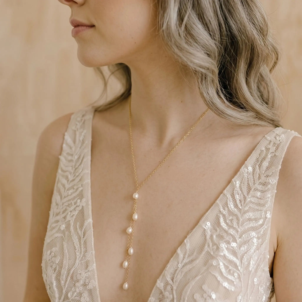 18K Gold Pearl Y-Necklace Minimalist Multi-Stone Lariat Drop Necklace, Freshwater Pearl Tassel Bridal Wedding Jewelry