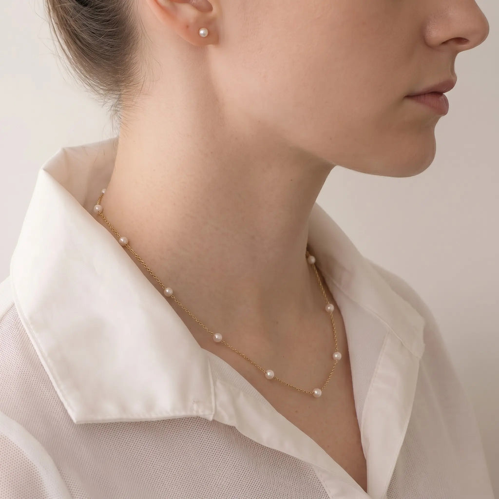 Delicate 18K Solid Gold Floating Pearl Station Necklace, 3-3.5mm Genuine Freshwater Pearl Choker for Women