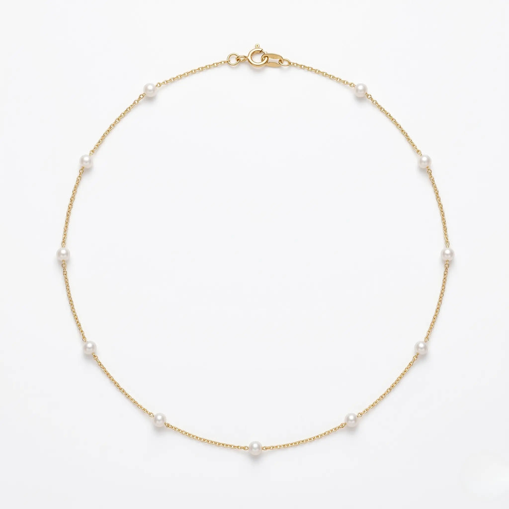 Delicate 18K Solid Gold Floating Pearl Station Necklace, 3-3.5mm Genuine Freshwater Pearl Choker for Women