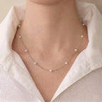 Delicate 18K Solid Gold Floating Pearl Station Necklace, 3-3.5mm Genuine Freshwater Pearl Choker for Women