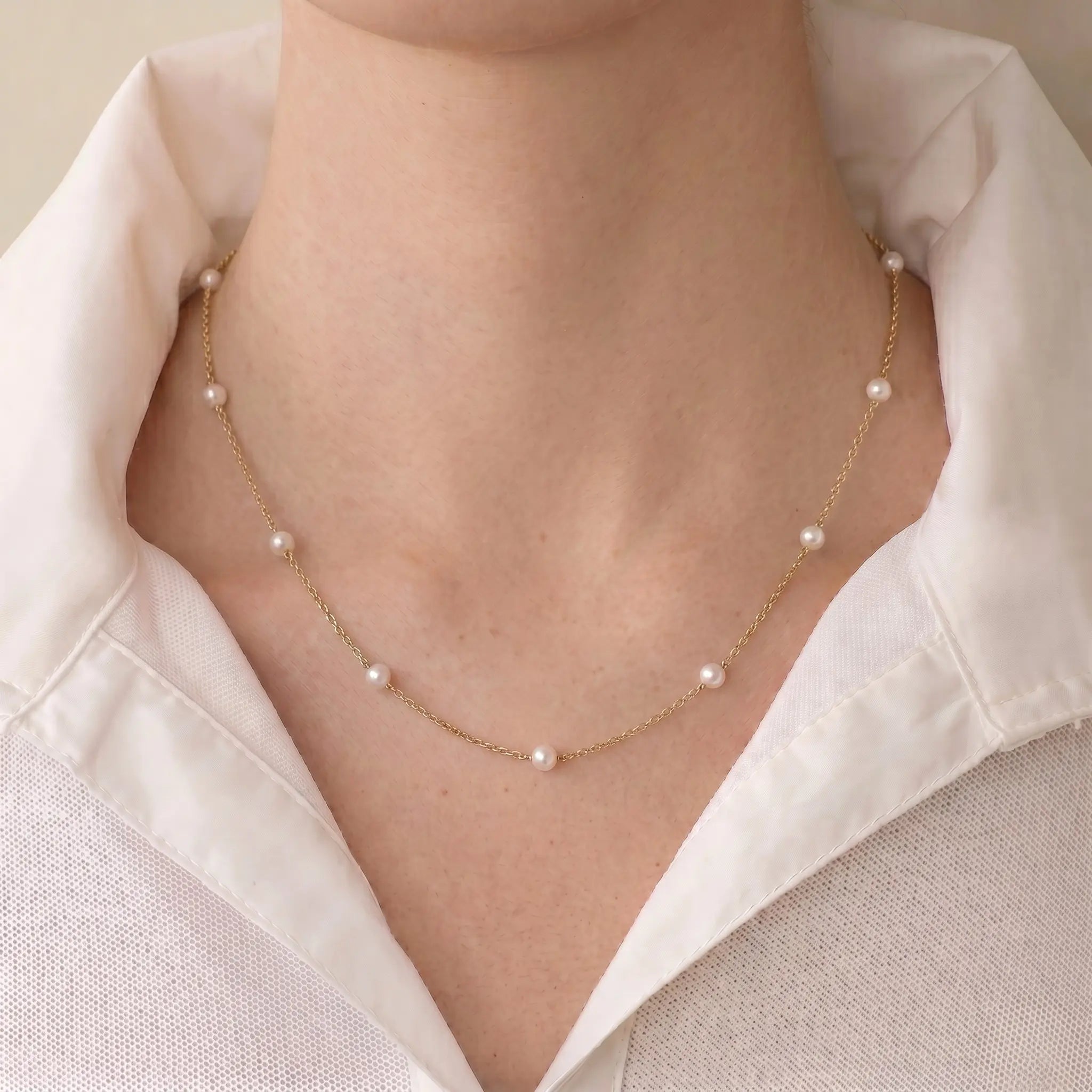 Delicate 18K Solid Gold Floating Pearl Station Necklace, 3-3.5mm Genuine Freshwater Pearl Choker for Women