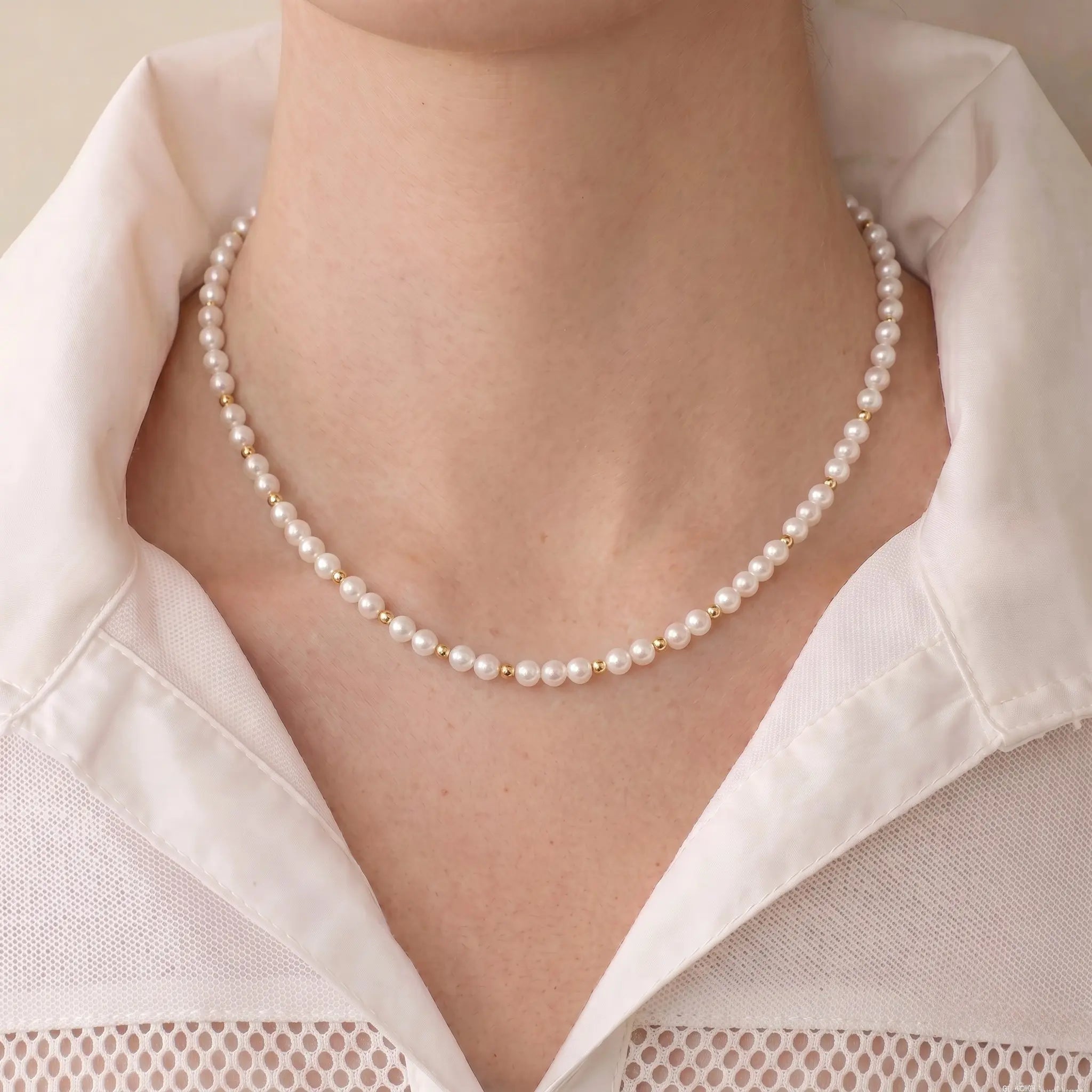 5-5.5mm Pearl Choker with 18K Solid Gold Beads Luxury Gift for Her
