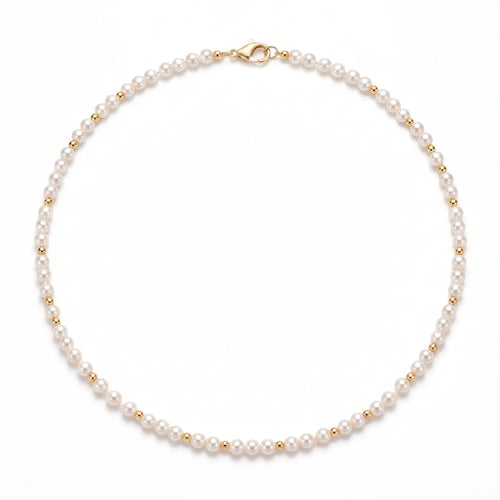 A close-up product shot of a 5-5.5mm Taihu freshwater pearl choker accented with 18K solid gold beads, isolated on a clean white background.