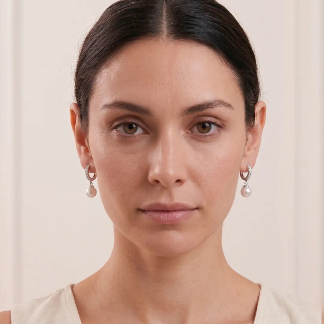 Geometric Diamond-Cut Pearl Hoops, Rhodium Plated Faceted 925 Silver
