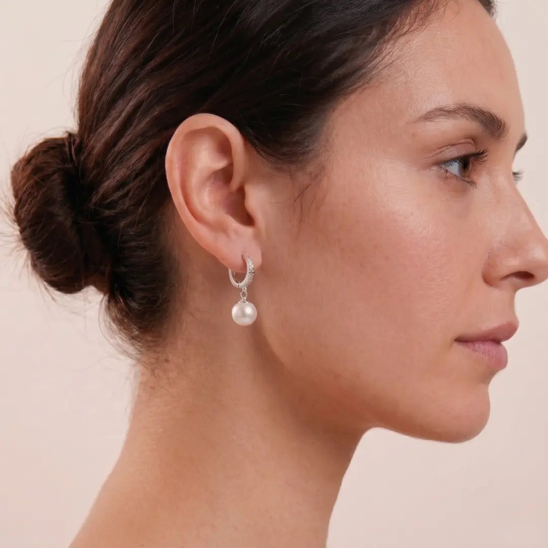 Geometric Diamond-Cut Pearl Hoops, Rhodium Plated Faceted 925 Silver