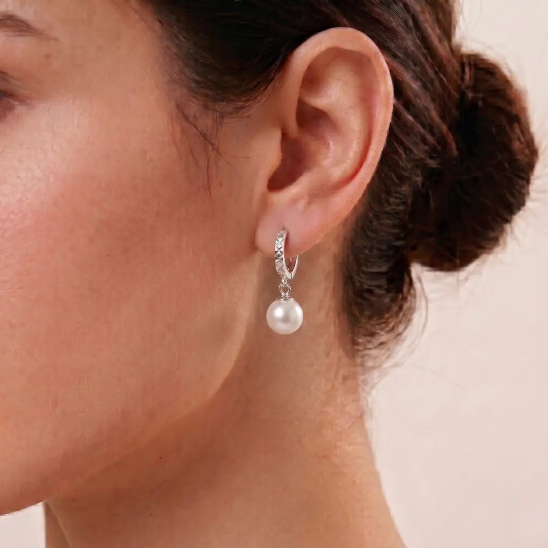 Geometric Diamond-Cut Pearl Hoops, Rhodium Plated Faceted 925 Silver