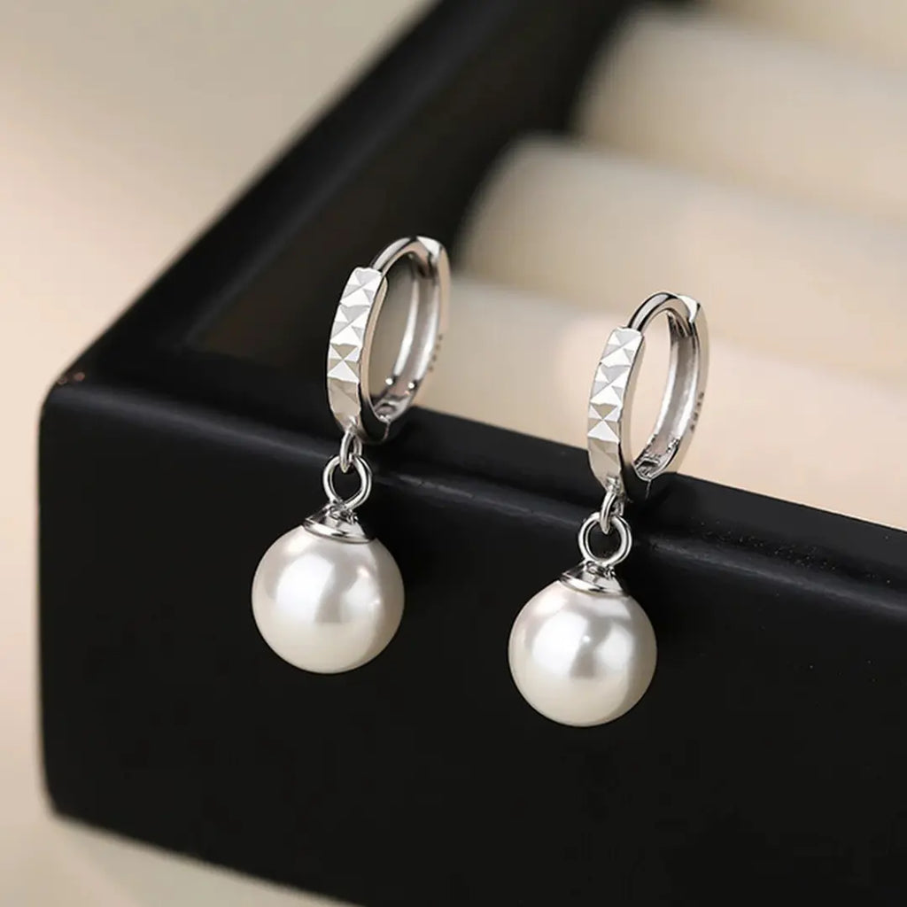 Geometric Diamond-Cut Pearl Hoops, Rhodium Plated Faceted 925 Silver