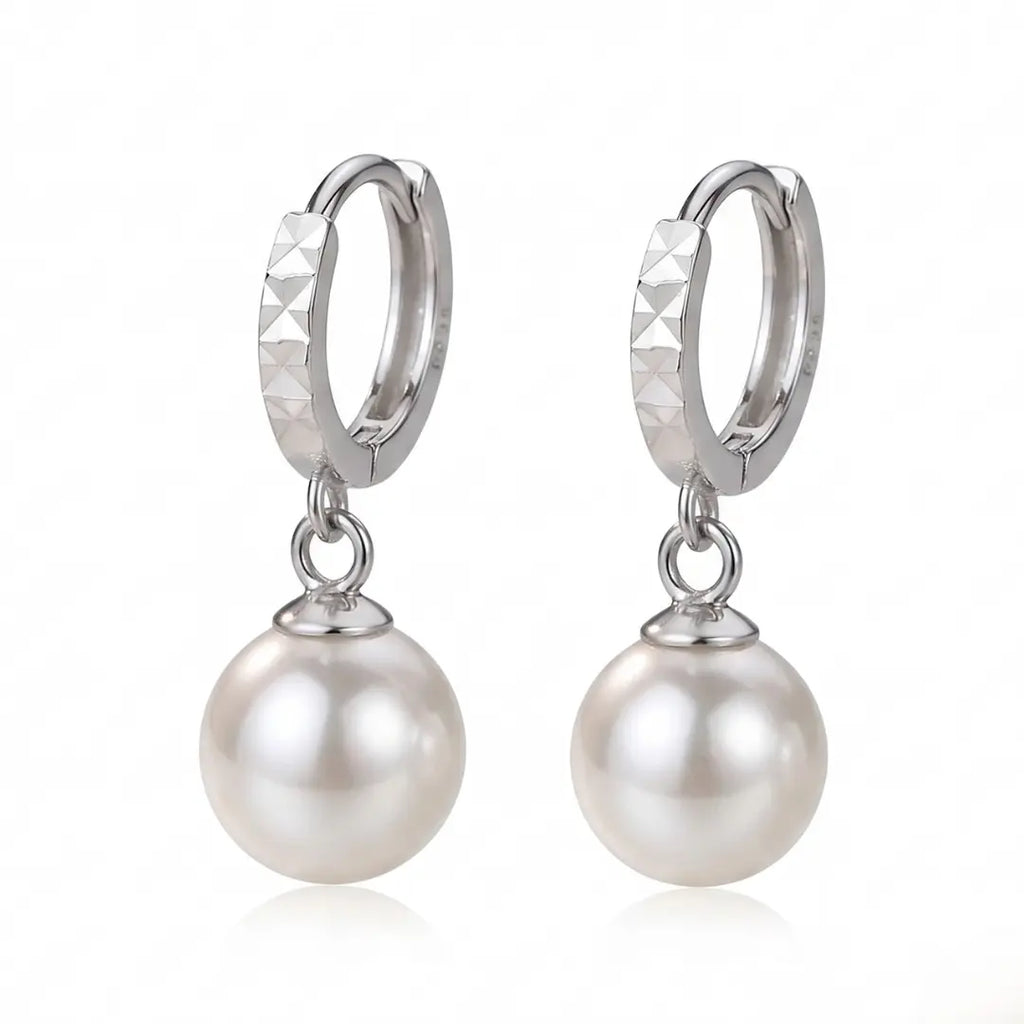 Geometric Diamond-Cut Pearl Hoops, Rhodium Plated Faceted 925 Silver