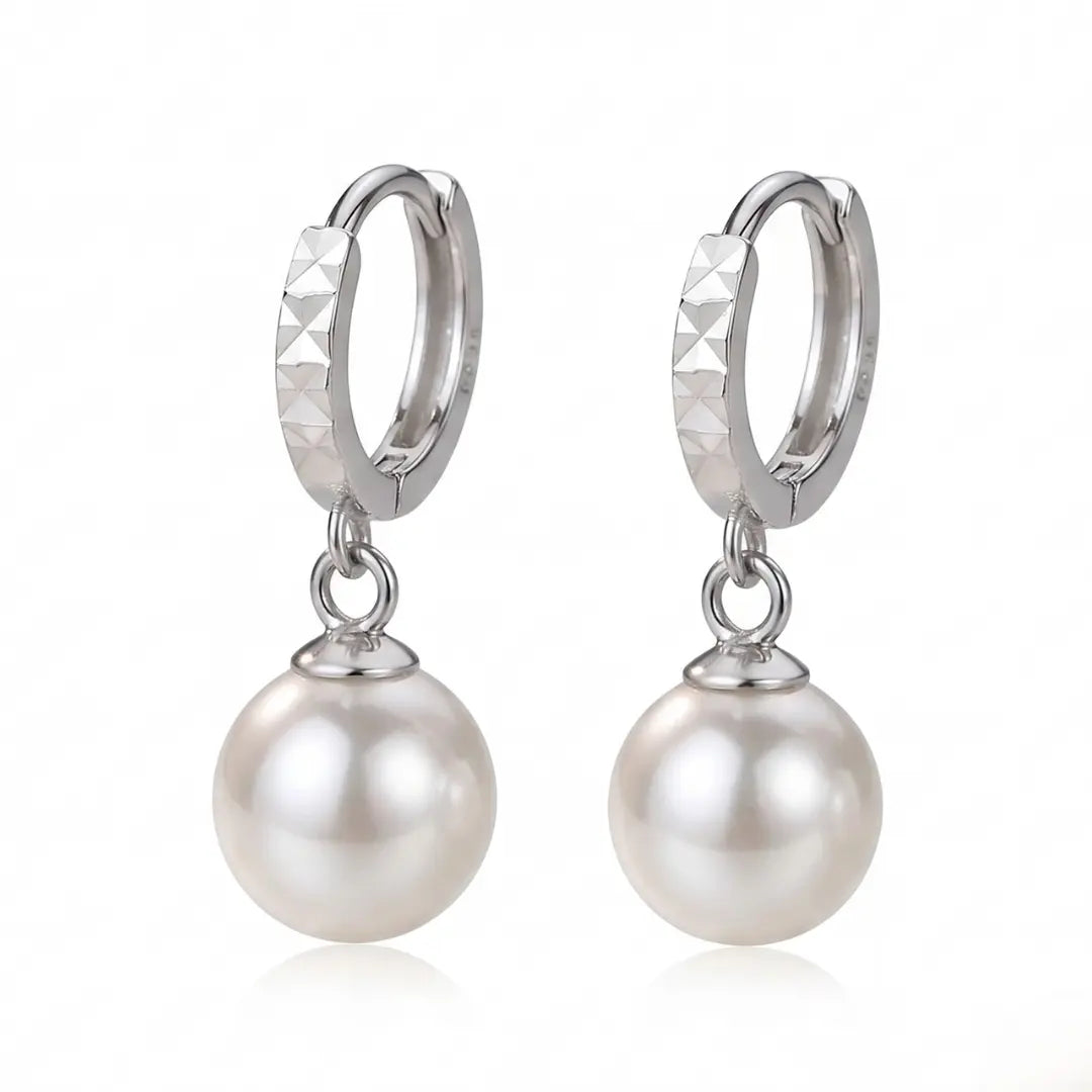 Geometric Diamond-Cut Pearl Hoops, Rhodium Plated Faceted 925 Silver