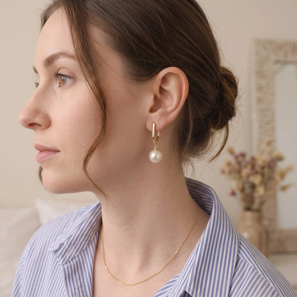 7-7.5mm Geometric Pearl Hoop Earrings, Elegant Everyday U-Shaped Pearl Dangle Drop Earrings