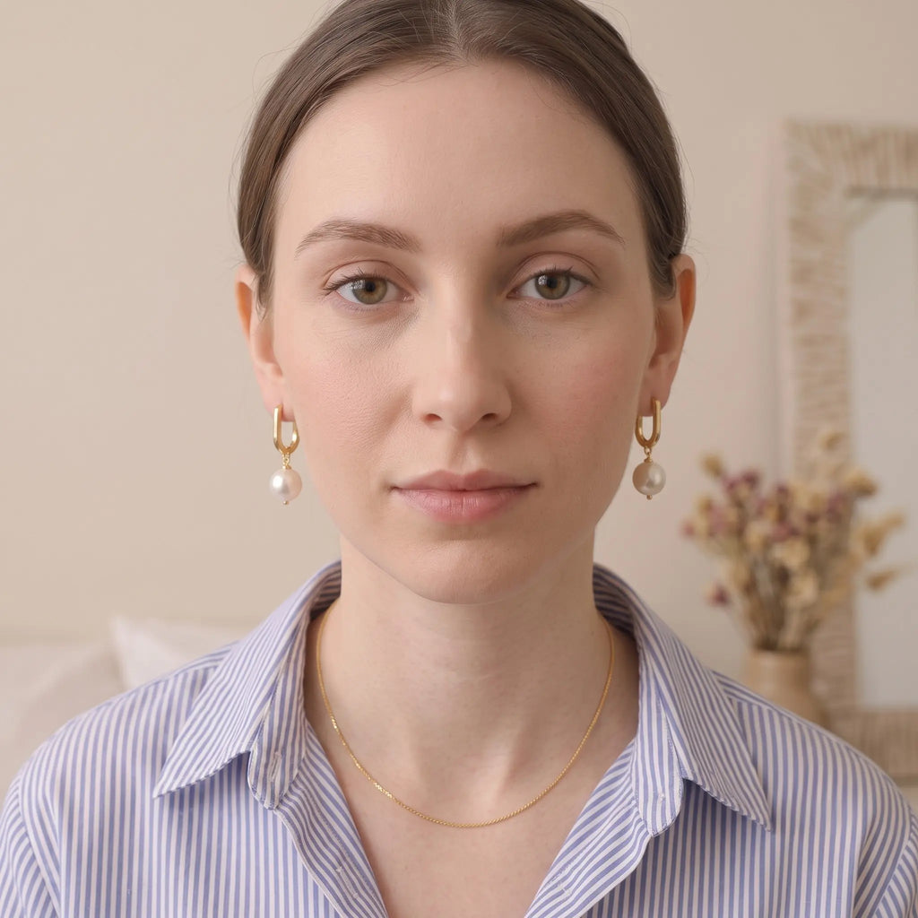 7-7.5mm Geometric Pearl Hoop Earrings, Elegant Everyday U-Shaped Pearl Dangle Drop Earrings