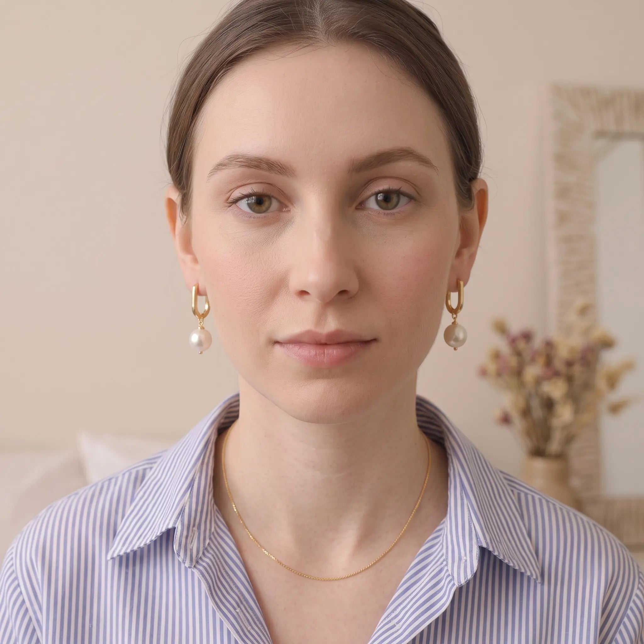 7-7.5mm Geometric Pearl Hoop Earrings, Elegant Everyday U-Shaped Pearl Dangle Drop Earrings