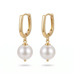 7-7.5mm Geometric Pearl Hoop Earrings, Elegant Everyday U-Shaped Pearl Dangle Drop Earrings