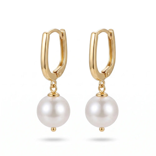 Minimalist rectangular gold hoop pearl drop earrings sterling silver