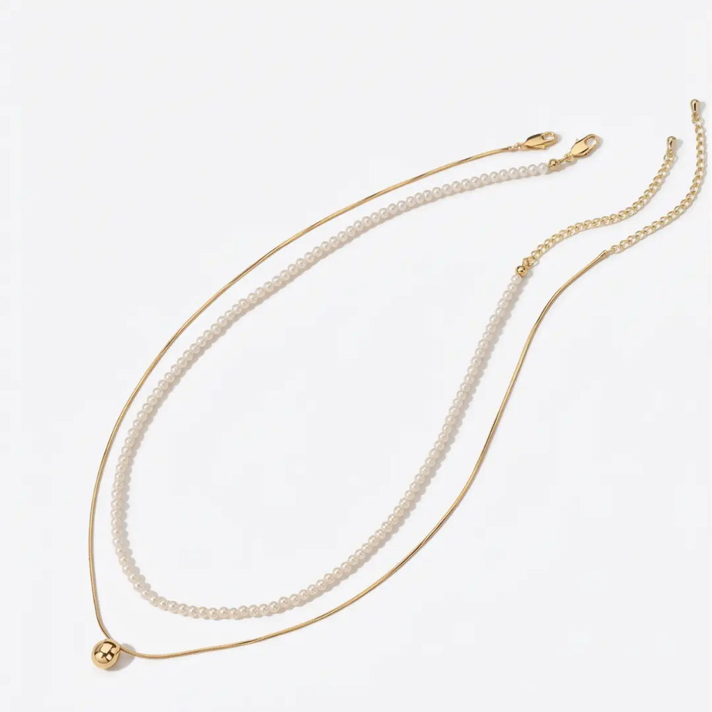 Versatile 2-Piece Set: Dainty Gold Bead and Freshwater Pearl Layering Necklace