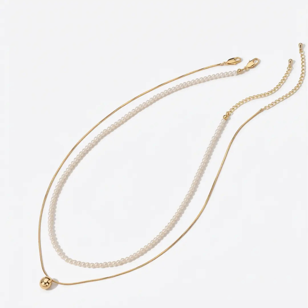 Versatile 2-Piece Set: Dainty Gold Bead and Freshwater Pearl Layering Necklace