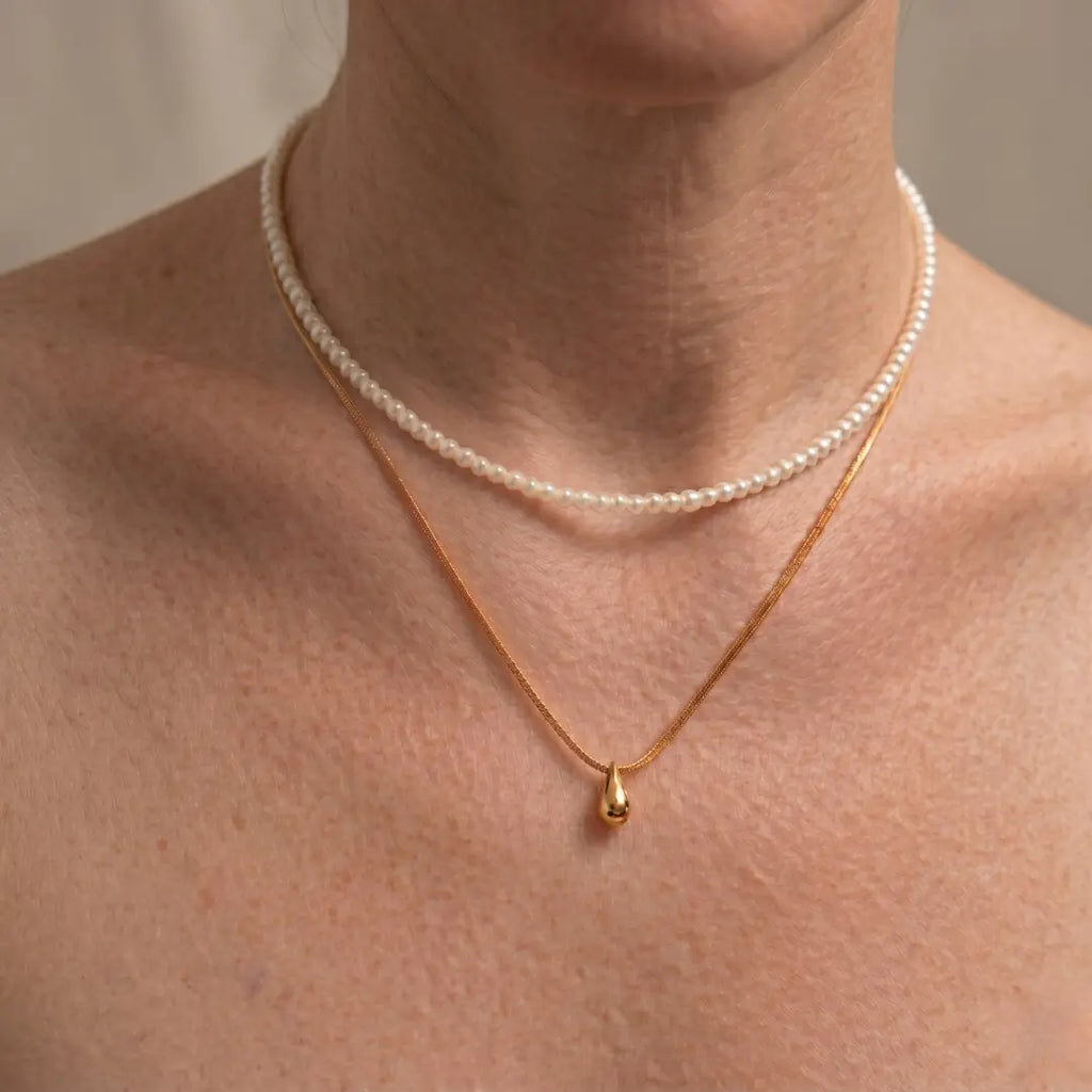 Versatile 2-Piece Set: Dainty Gold Bead and Freshwater Pearl Layering Necklace