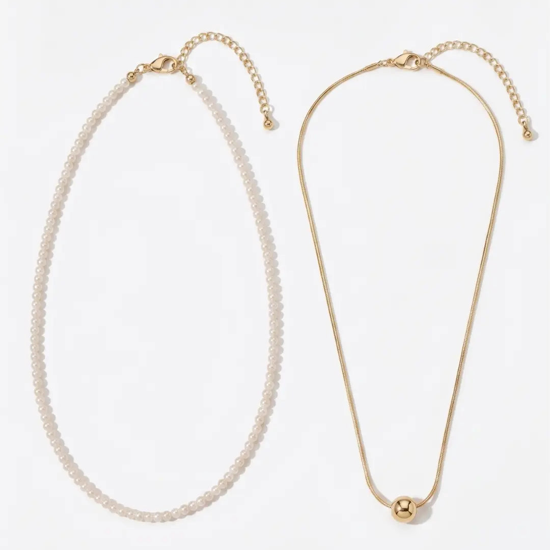 Versatile 2-Piece Set: Dainty Gold Bead and Freshwater Pearl Layering Necklace