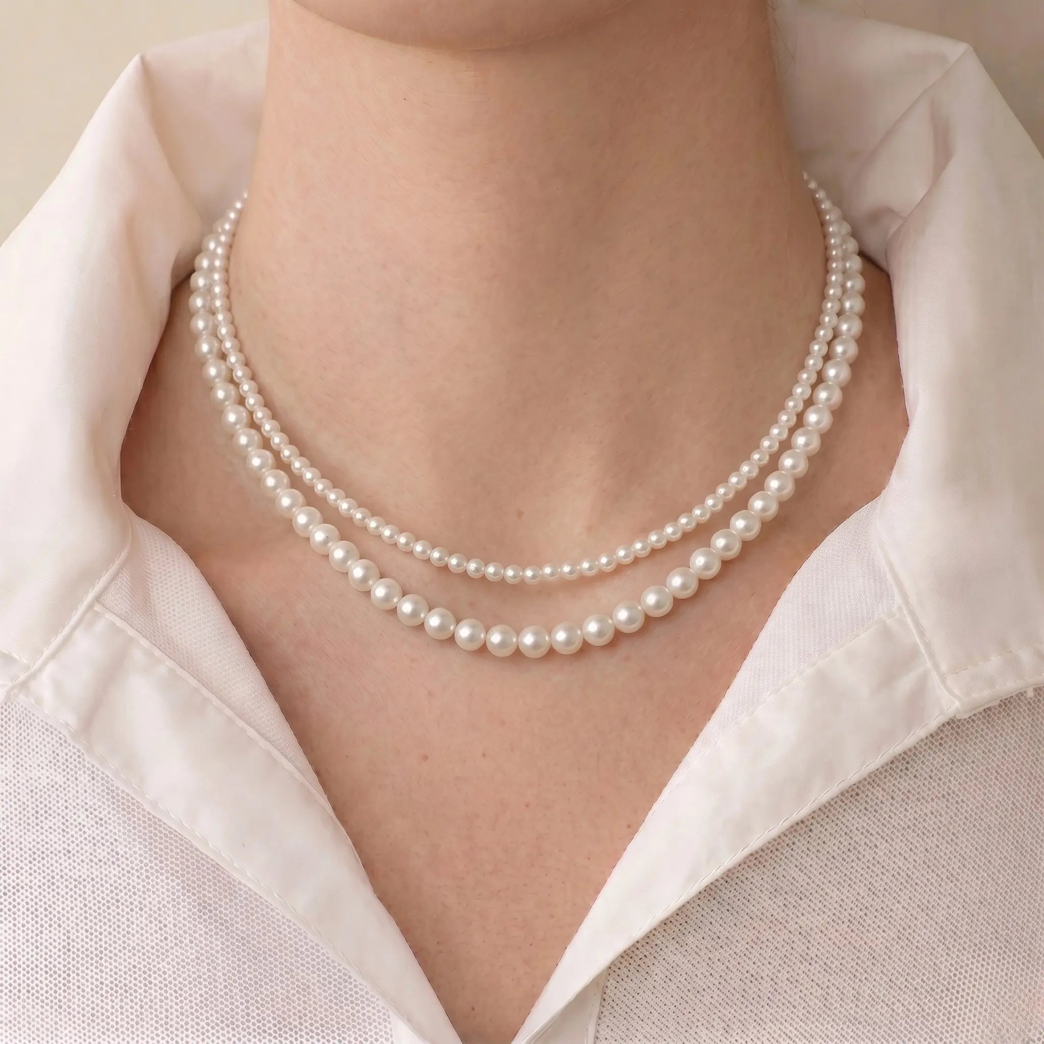 AAA Double-Strand Freshwater Pearl Necklace, 3-6mm Graduated White Pearls