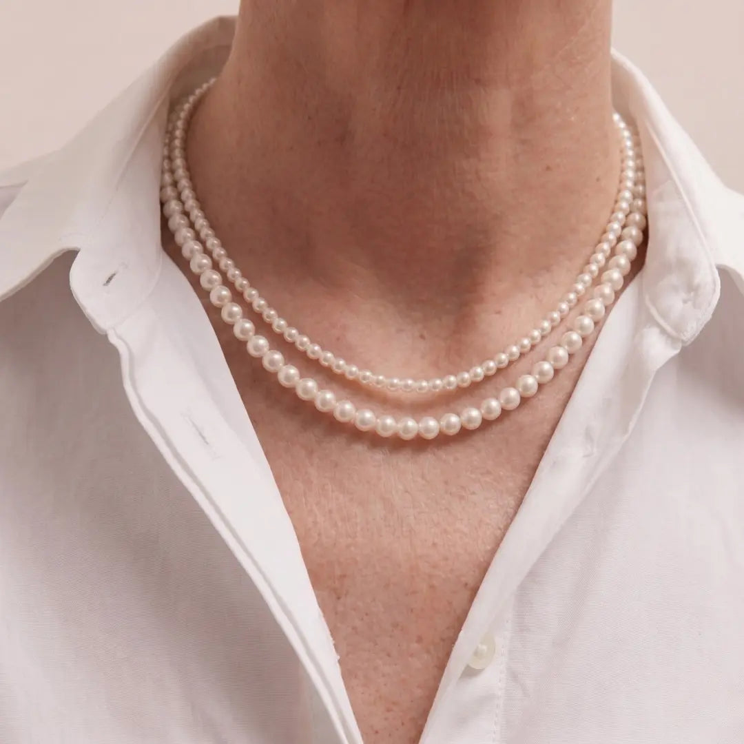AAA Double-Strand Freshwater Pearl Necklace, 3-7.5mm Graduated White Pearls