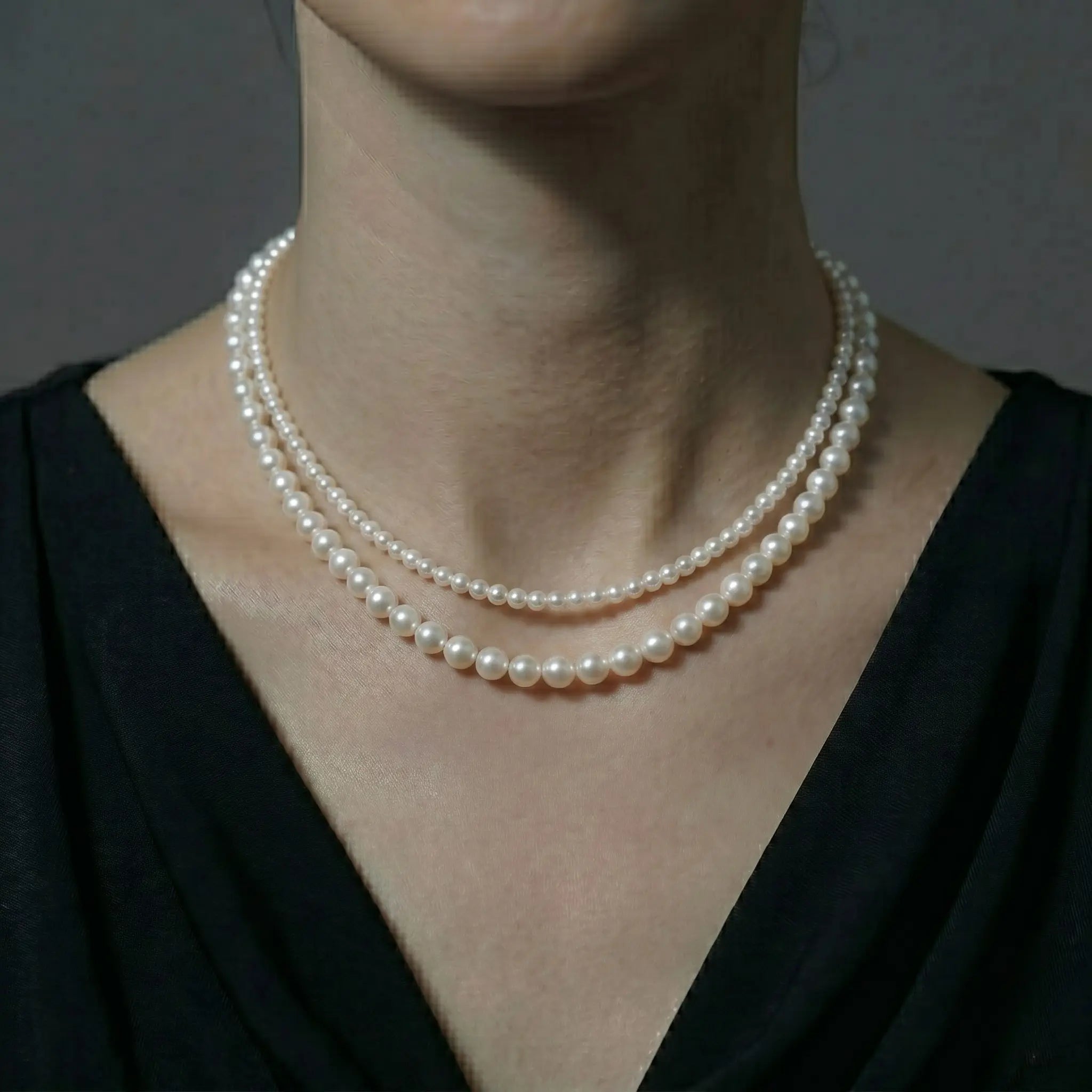 AAA Double-Strand Freshwater Pearl Necklace, 3-7.5mm Graduated White Pearls