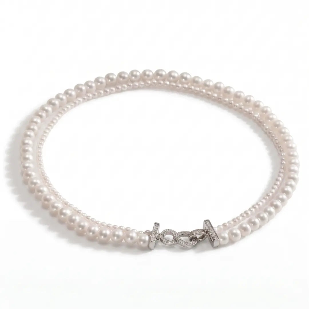 AAA Double-Strand Freshwater Pearl Necklace, 3-7.5mm Graduated White Pearls