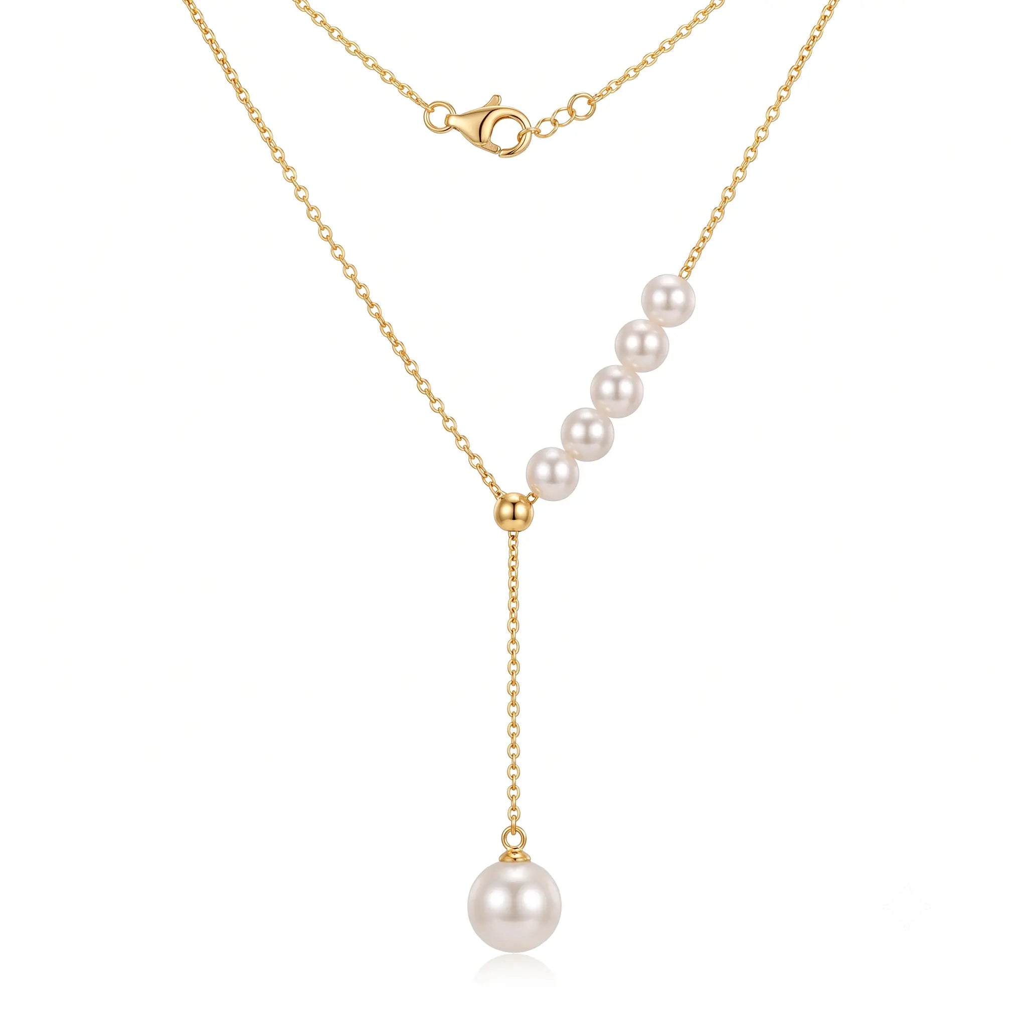 Close-up product shot of a double Akoya pearl drop necklace in 18K solid yellow gold, featuring a 3.5mm pearl and a 7.5mm pearl with rose-pink overtones on a white background.