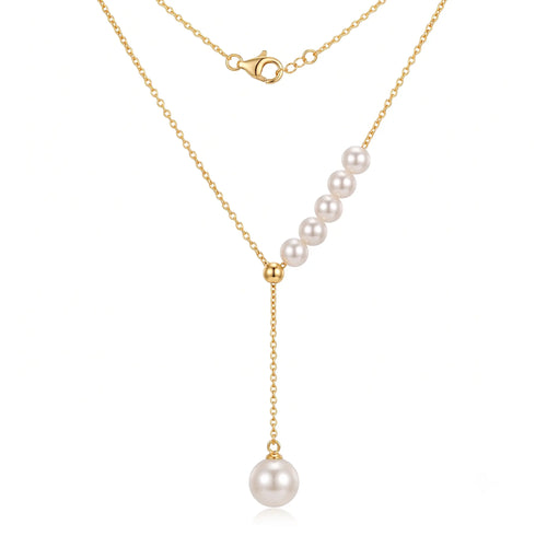 Close-up product shot of a double Akoya pearl drop necklace in 18K solid yellow gold, featuring a 3.5mm pearl and a 7.5mm pearl with rose-pink overtones on a white background.