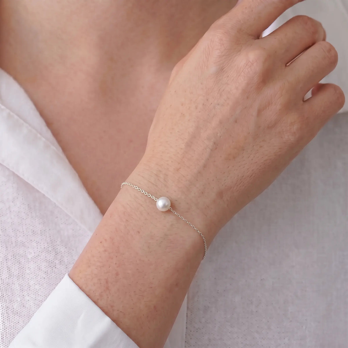 7-7.5mm Japanese Akoya Pearl Solitaire Chain Bracelet in 925 Sterling Silver
