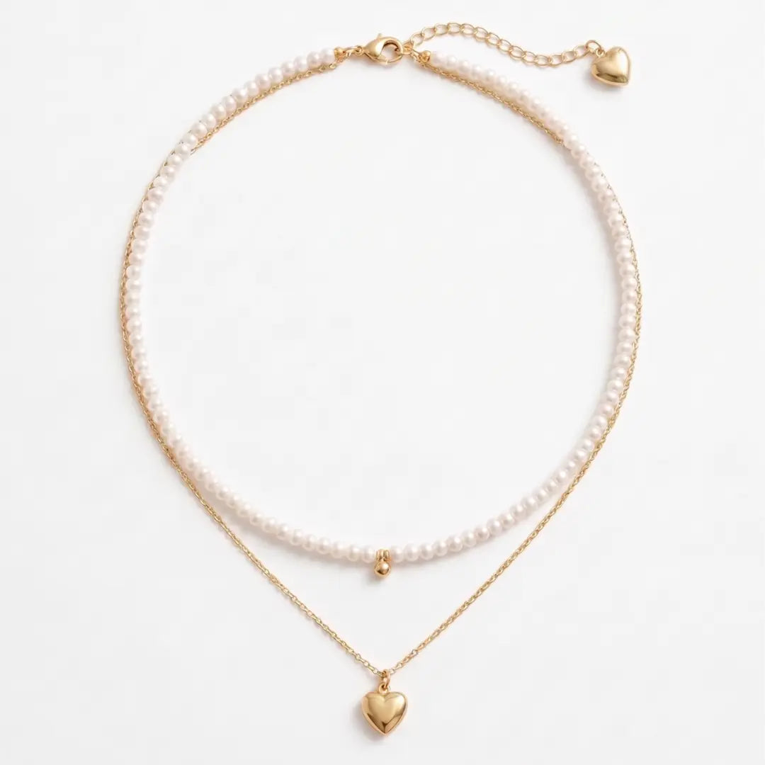 Versatile 2-Piece Set: Gold Pearl & Heart Layering Necklace