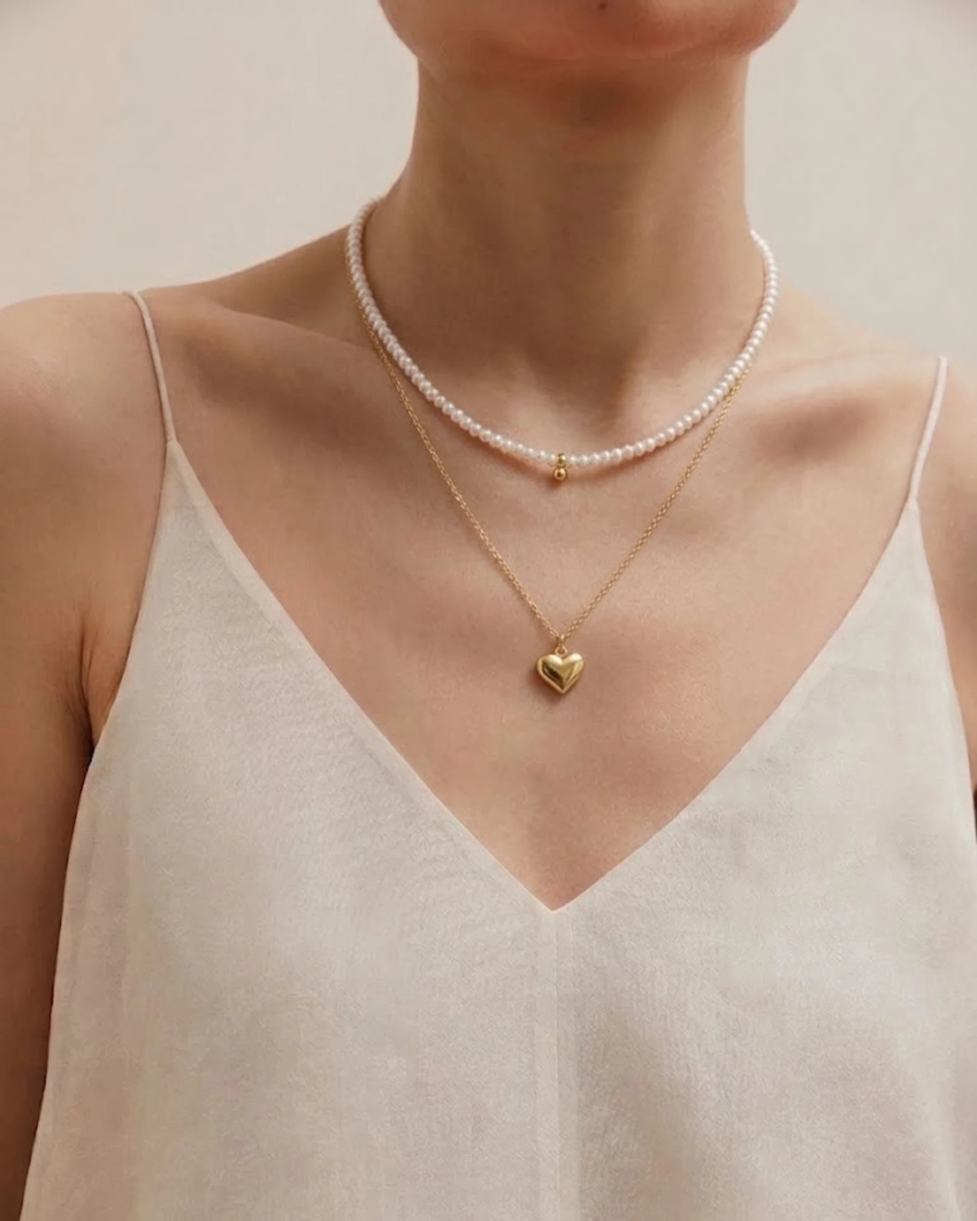 Versatile 2-Piece Set: Gold Pearl & Heart Layering Necklace