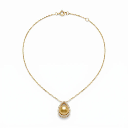 Onepearlife Champagne South Sea pearl pendant flat lay on a clean white studio background, showcasing the solid 18K gold heritage bail meticulously accented with premium 5A-grade sparkle accents.