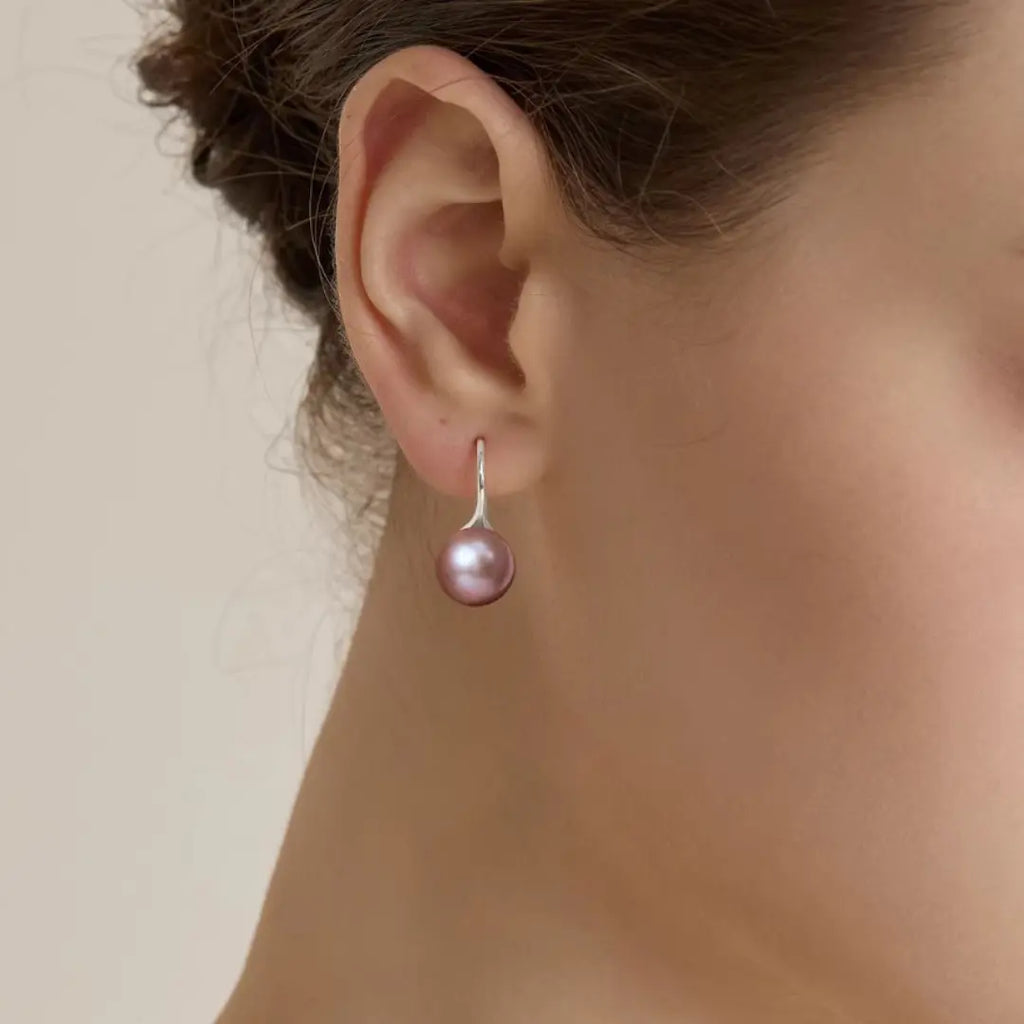 Lustrous Lavender Edison Pearl Drops | 925 Silver Rhodium Minimalist Hooks