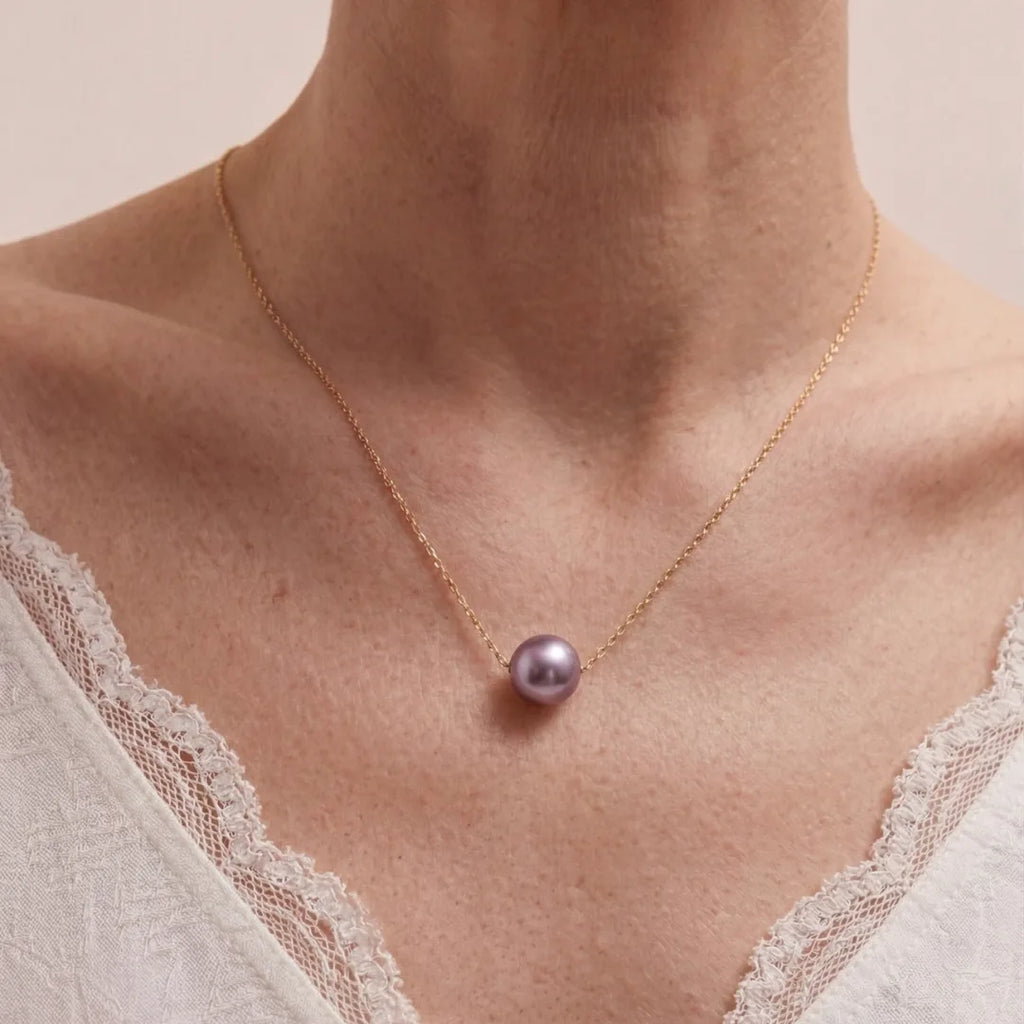 18K Gold Natural Purple Edison Pearl Pendant, 9-9.5mm Metallic Pearl Necklace