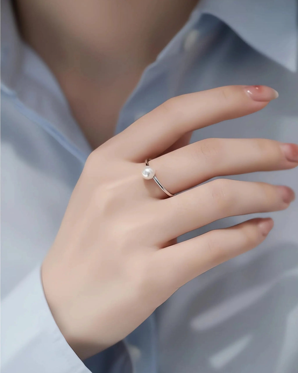 Tiny Planet - Minimalist AAA+ Akoya Pearl Sterling Silver Open Ring