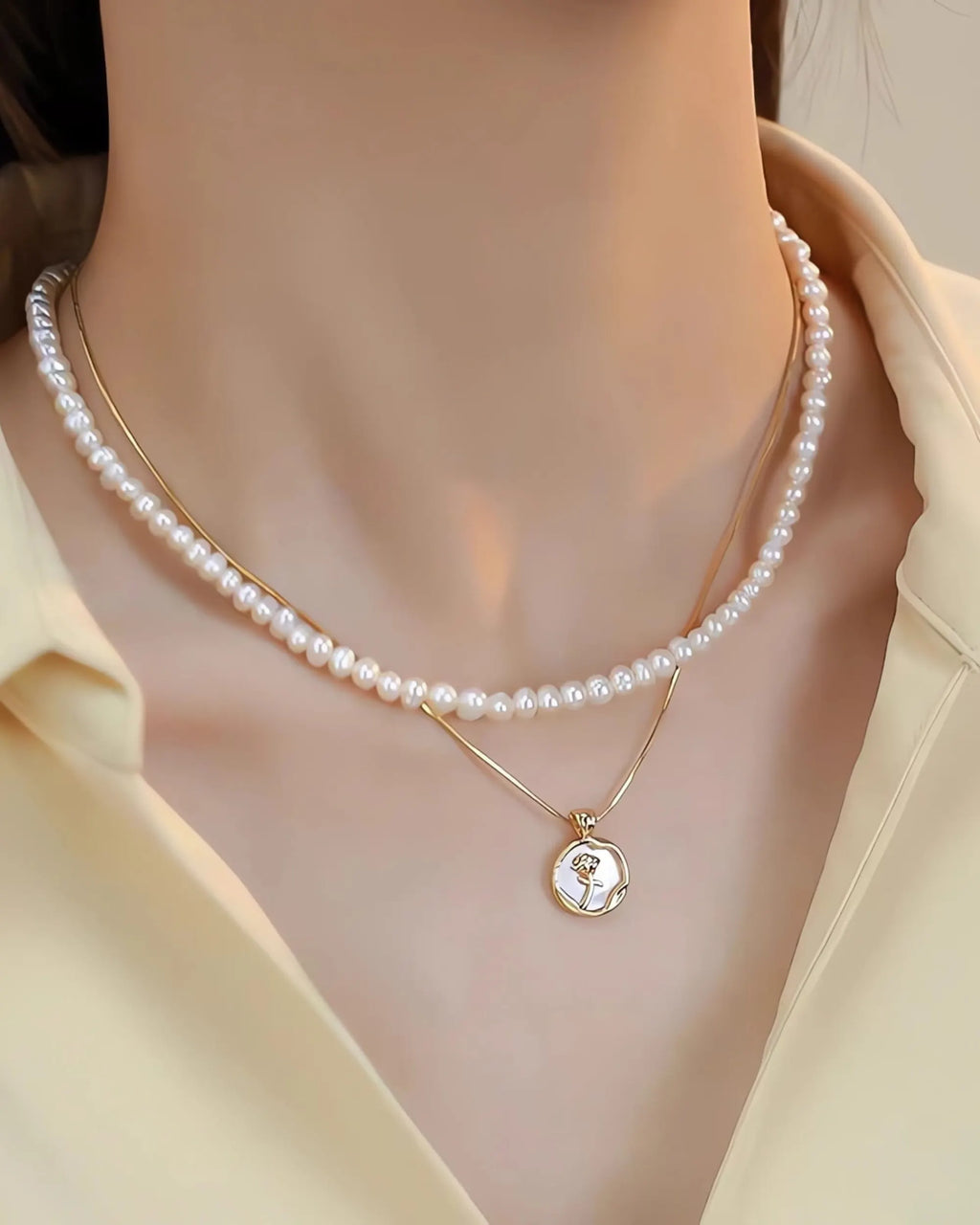 Logic Rose - Layered Rose Medallion AAA Pearl Necklace Two Set