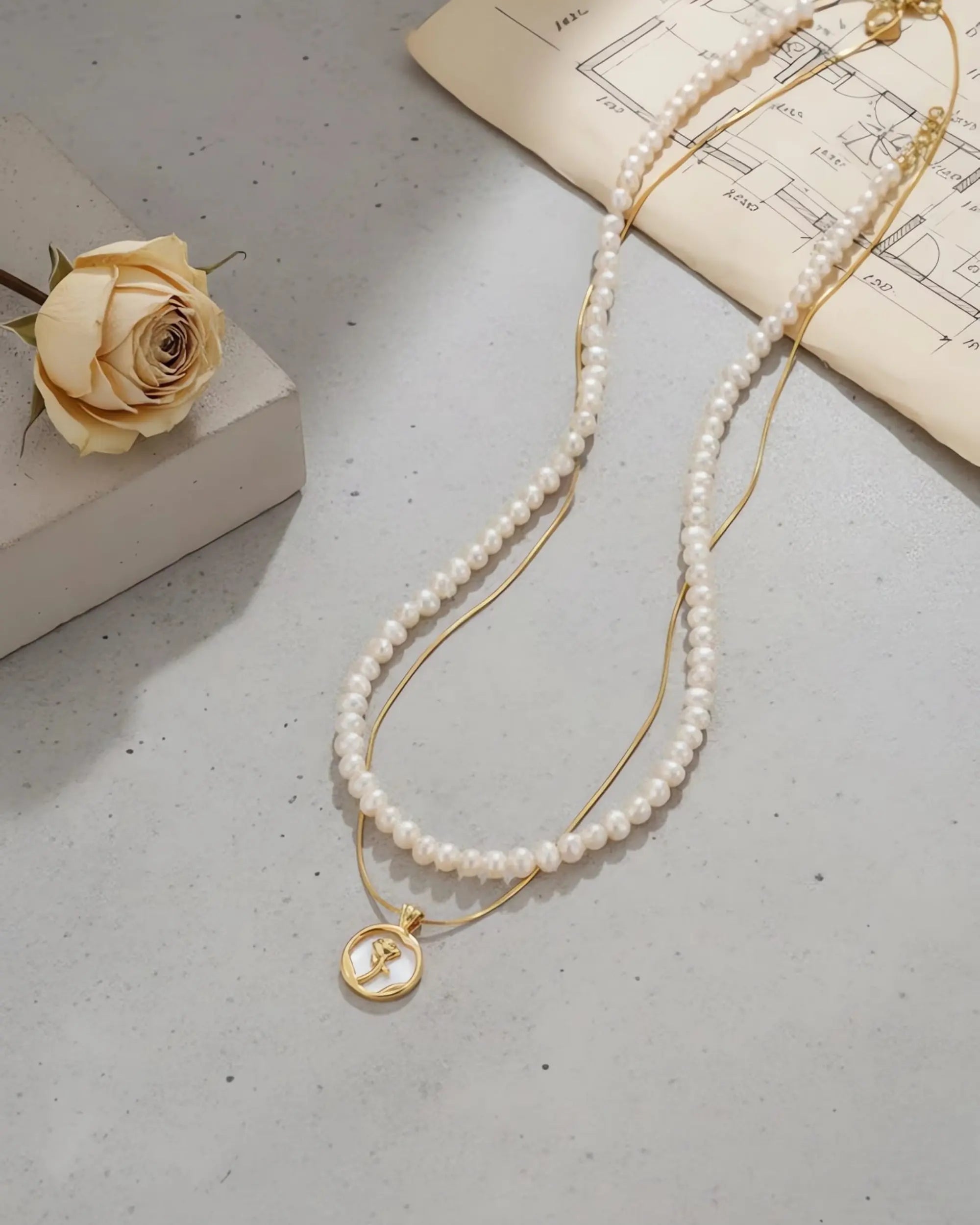 Logic Rose - Layered Rose Medallion AAA Pearl Necklace Two Set