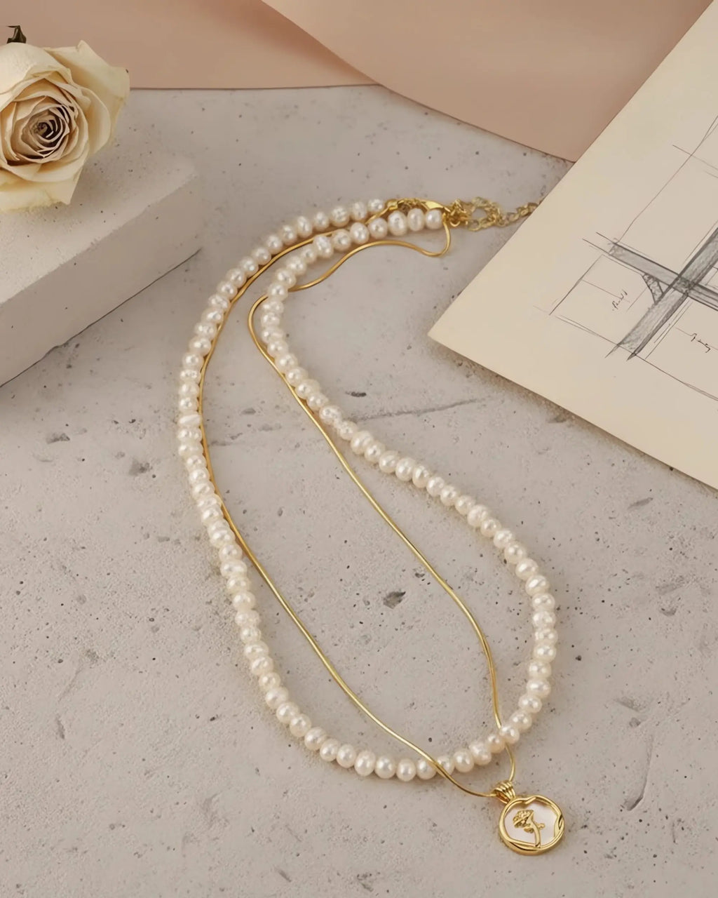 Logic Rose - Layered Rose Medallion AAA Pearl Necklace Two Set