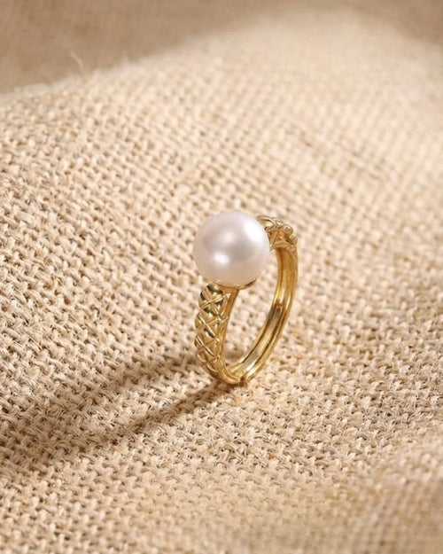 18K Gold Plated 925 Sterling Silver 9-9.5mm Pearl Ring for Women, Natural White Freshwater Pearl Adjustable Open Ring