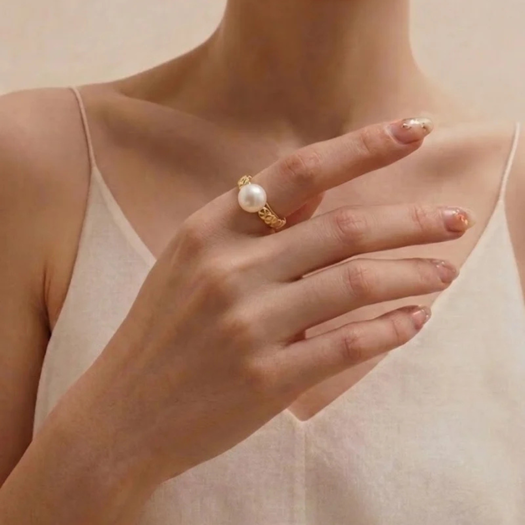 9-9.5mm Large White Pearl Ring, Adjustable 18K Gold Plated S925 Silver Ring