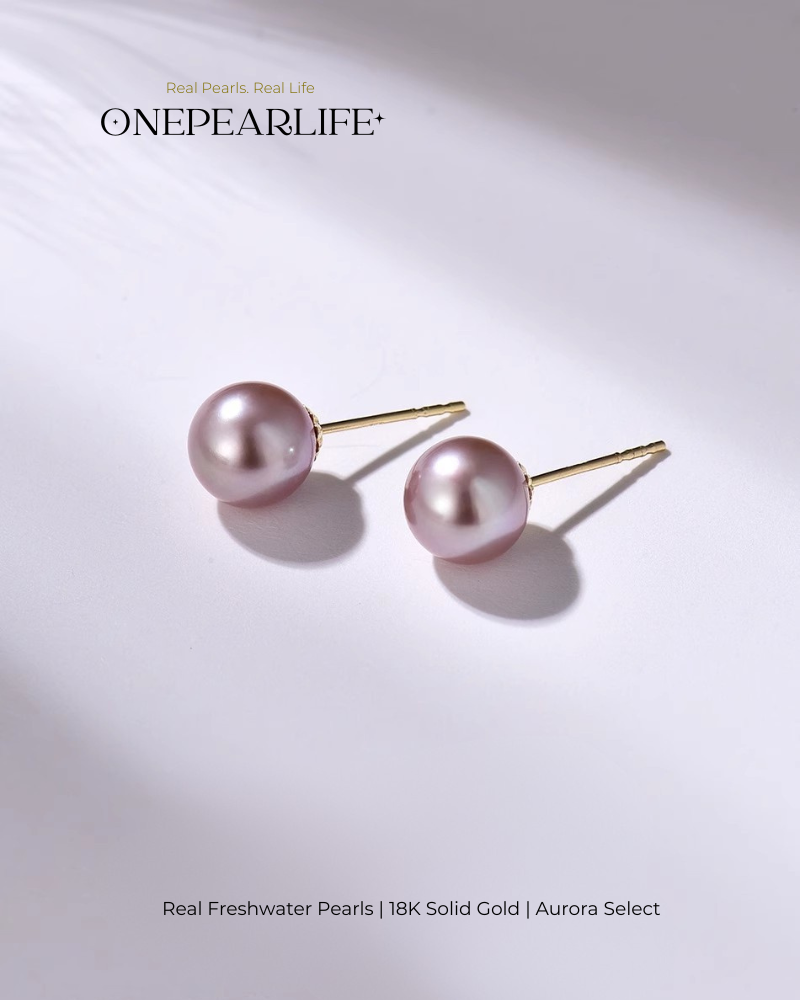Vina – 18K Solid Gold Natural Purple Edison Pearl Studs