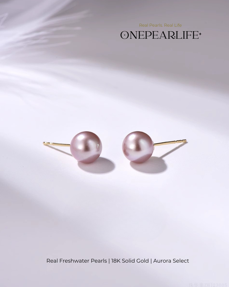 Vina – 18K Solid Gold Natural Purple Edison Pearl Studs