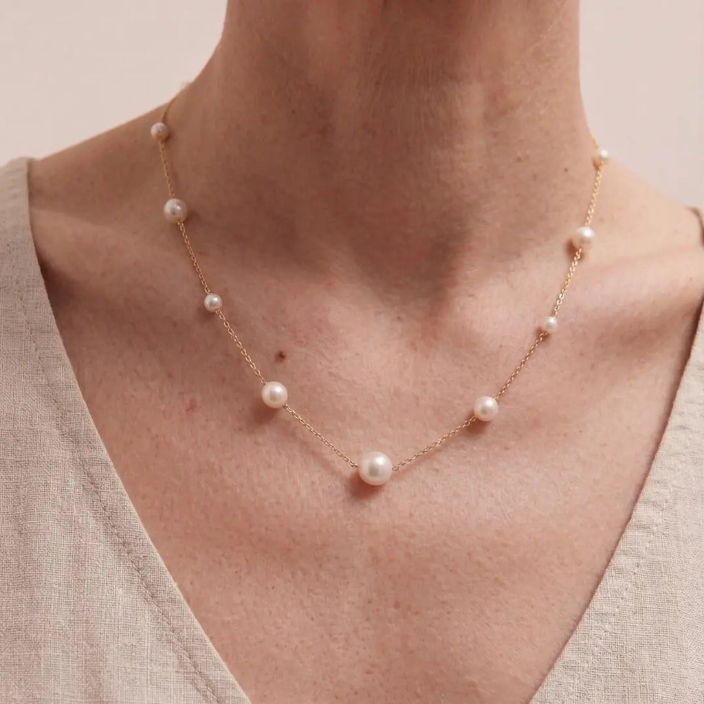 Solid 18K Gold Untreated Freshwater Pearl Station Necklace, 5-7.5mm Dainty Jewelry