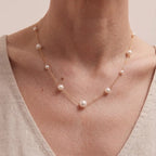 Solid 18K Gold Untreated Freshwater Pearl Station Necklace, 5-7.5mm Dainty Jewelry