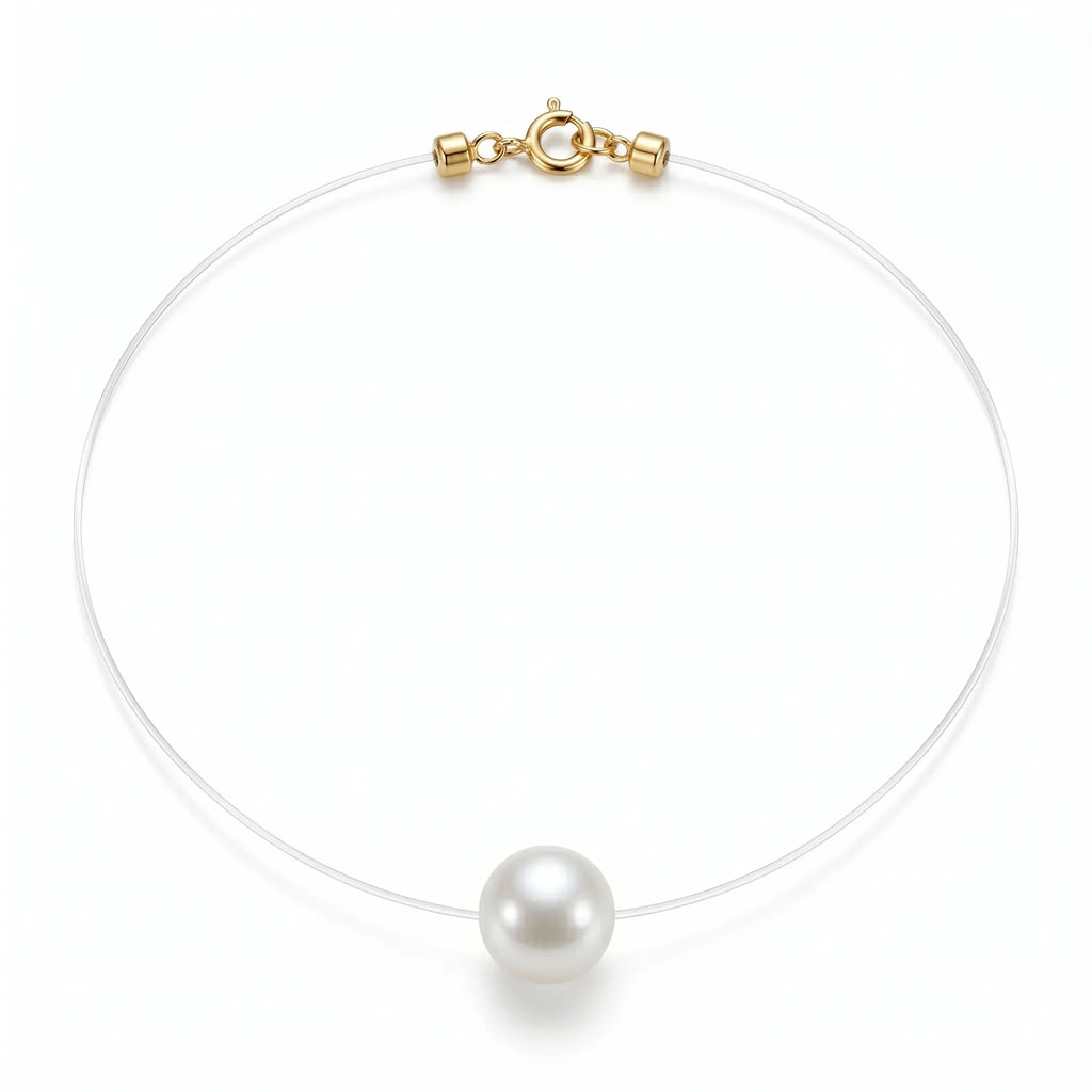 Solid 18K Gold 7-7.5mm Akoya Pearl Floating Solitaire Necklace with Invisible Chain