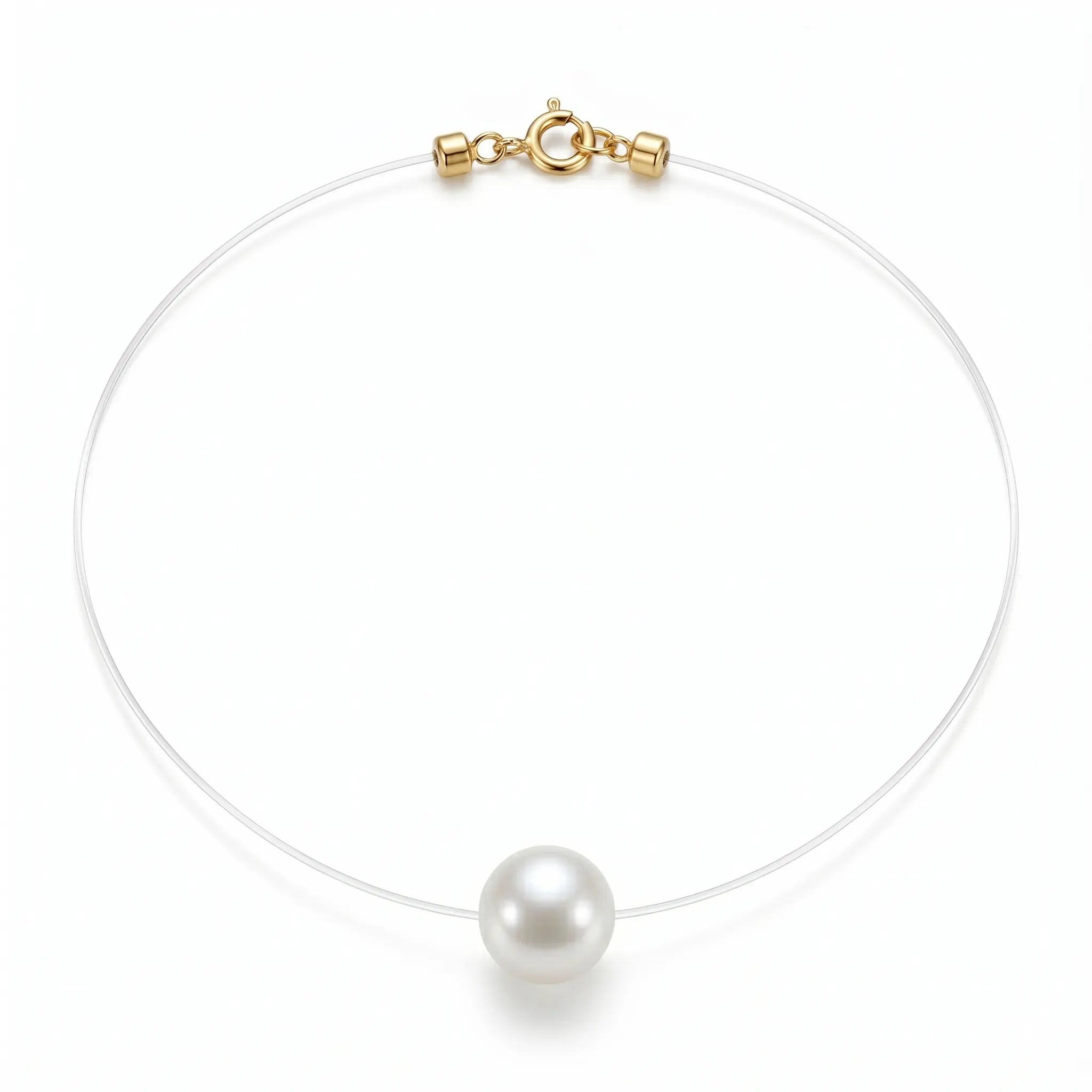 Solid 18K Gold 7-7.5mm Akoya Pearl Floating Solitaire Necklace with Invisible Chain