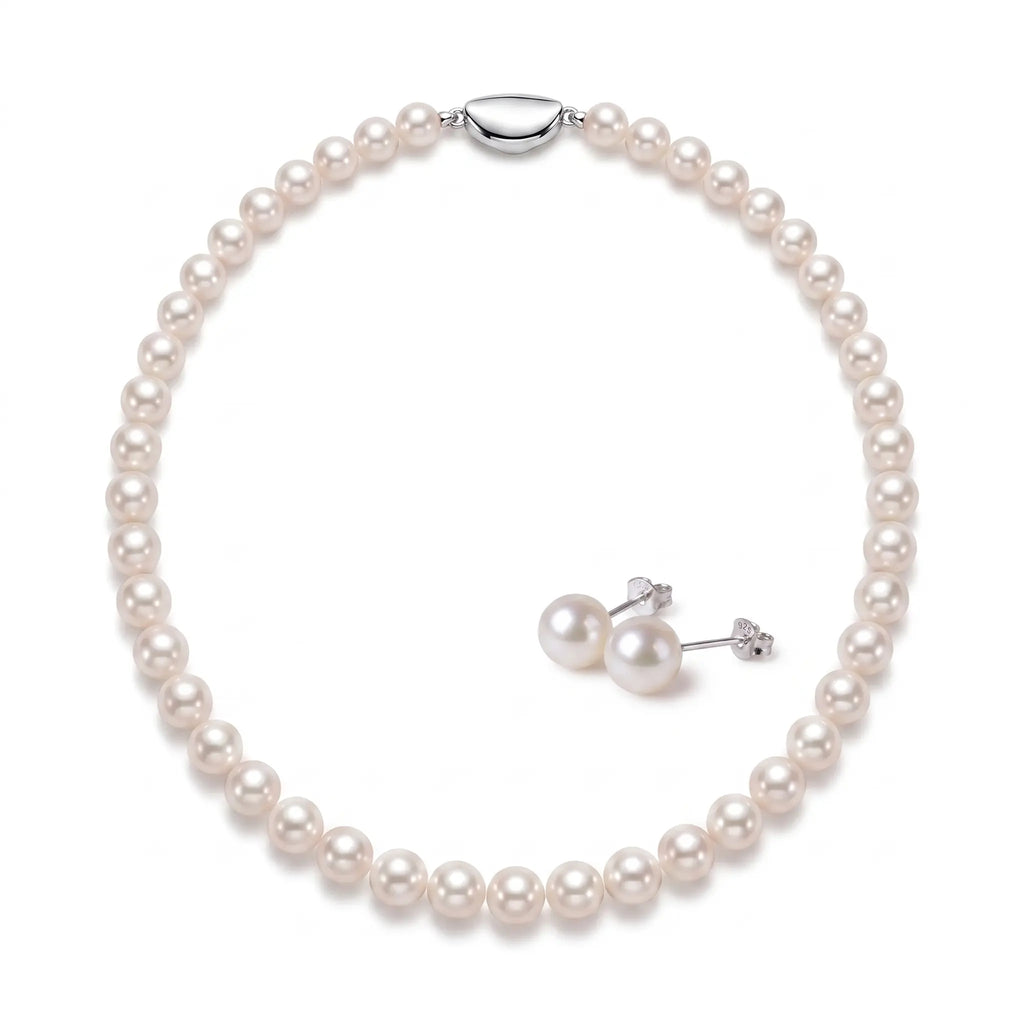 7-7.5mm Pearl Necklace and Stud Earrings Set Wedding Earrings for Bride