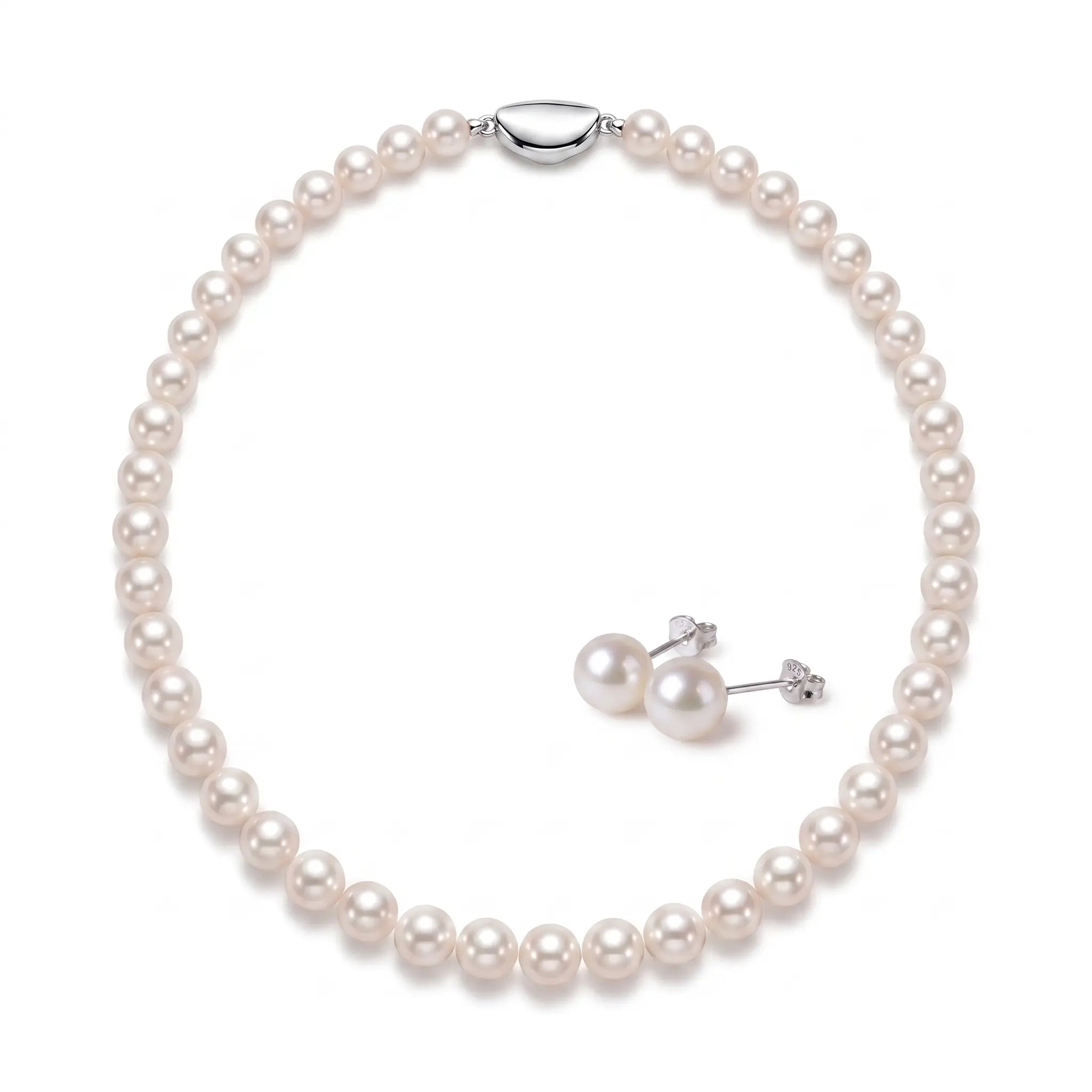 7-7.5mm Pearl Necklace and Stud Earrings Set Wedding Earrings for Bride